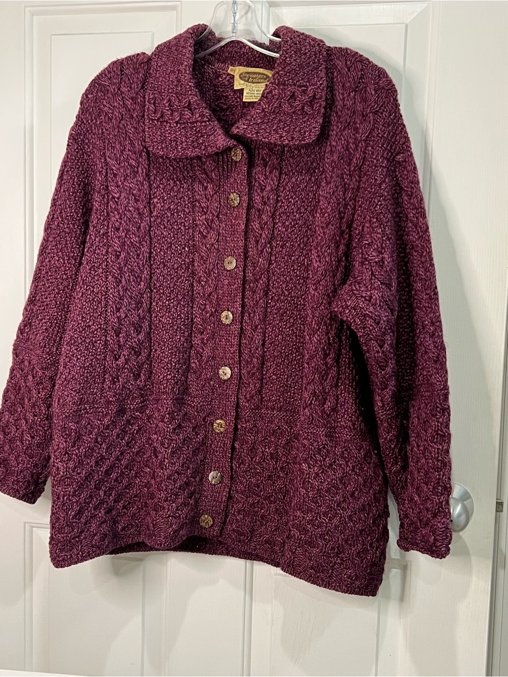 Vintage multi stitch cable knit plum Marino wool cardigan by Sweaters of Ireland